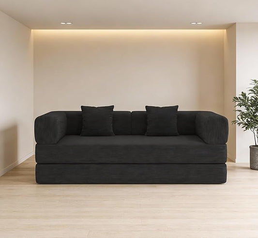KEIKI Convertible Corduroy Sleeper Sofa Bed with Cylindrical Pillow Folding Floor Mattress Couch with Fixed Shape Frame for Living Room Studio Lounge