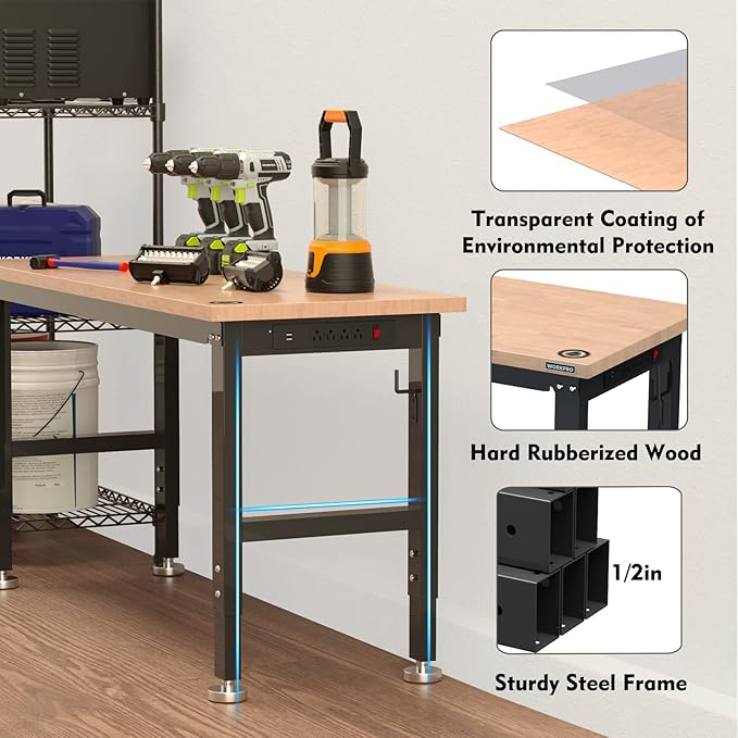 WORKPRO 60 Adjustable Workbench Rubber Wood Top Heavy-Duty Workstation 2000 LBS Load Capacity Hardwood Worktable with Power Outlets for Workshop Garage
