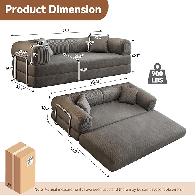 78.8 Modern Convertible Floor Sleeper Sofa Bed Corduroy Modular Boneless Couch with Silver Fixed-Shape Frame No Assembly Futon Cloud Loveseat with Pull-Out Bed for Living Room (Grey)
