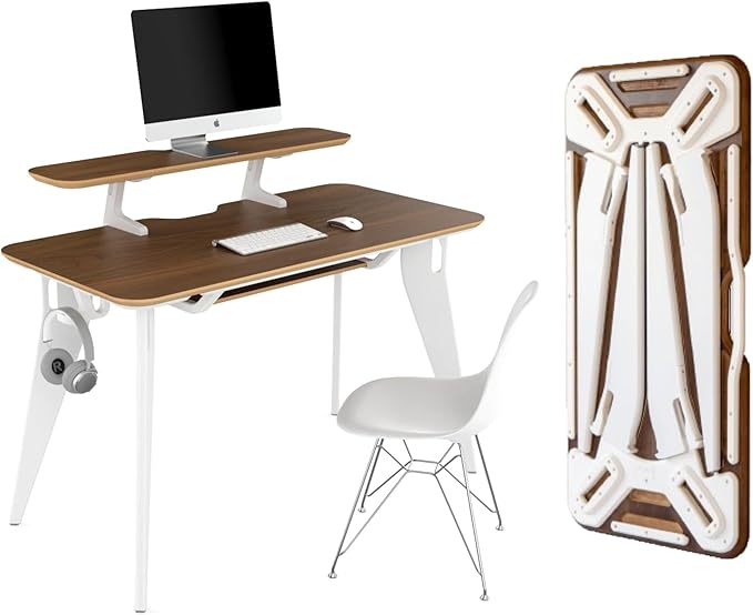 HOEK Desk Bundle 47.5 x 23 Modular Collapsible Workstation with SNAP Assembly Monitor Shelf Under Shelf Side Hook and Wall Cleat Portable Folding Computer Desk for Home Office (Walnut/White)