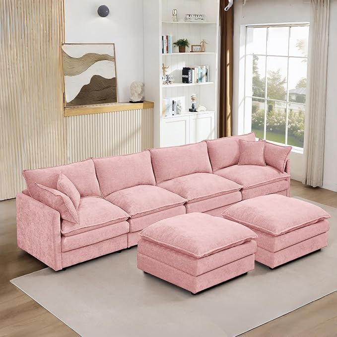 130 Pink Modular Sectional Sofa with Movable Ottoman Convertible L Shaped Chenille Cloud Couch Oversize Comfy 4-Seater Deep Seat Sofa Couches for Living Room Apartment (Pink 130)