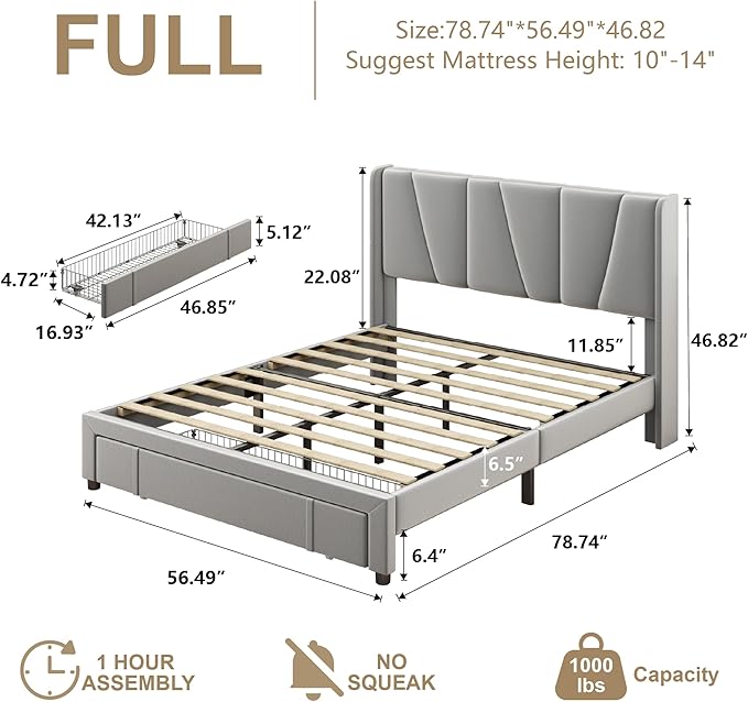 Full Bed Frame with Storage Drawers Upholstered Full Size Platform Bed with 47 Tall Headboard and Wingboard No Box Spring Needed Noise Free Easy Assembly Wooden Support Slats Light Grey
