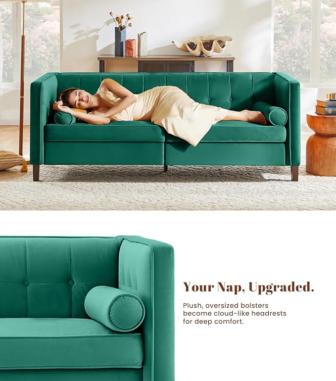 Kingfun 78 Couch for Living Room Mid Century Modern Sofa Velvet Loveseats with Bolster Pillows Home Sofa for Bedroom Green