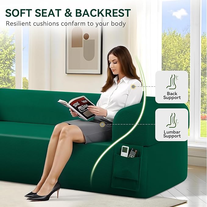 83 Boneless Couch 3 Seater Sofa with 2 Matching Pillows Compact Corduroy Couches for Living Room Side Storage Pockets Floor Sofa with Removable Armrests No Assembly Required Green