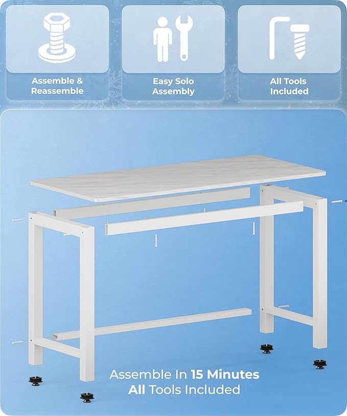 51 Home Office Desk Modern Computer Desk 51.2x23.6x29.5 inches PC Table with Thicken Frame Industrial Style Sturdy Metal Frame Furniture for Writing Gaming Marble White+White