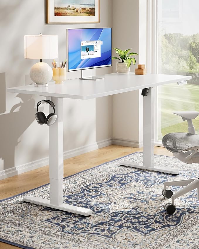 HUANUO Electric Standing Desk Whole Piece Desktop Adjustable Height Computer Desk 4 Height Memory Settings Sit Stand Up Desk for Home Office 55 x 27 White