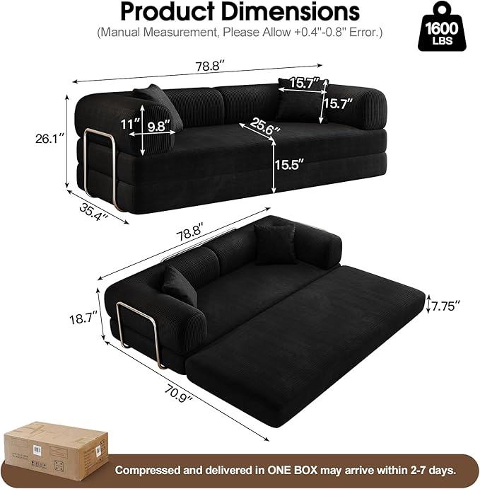 78.8'' Convertible Sofa Bed Boneless Couch in a Box Modular Corduroy Comfy Foldable Sleeper Compression Sofa Loveseat Couches for Living Room (Black 78.8 inch)