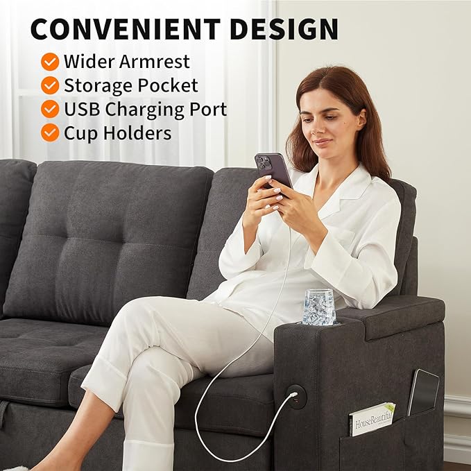 GarveeLife Couches for Living Room 84'' L-Shaped Sectional Sleeper Sofa with Pull Out Bed Comfy Sofa Bed with Charging Ports and Storage Armrests Dark Grey