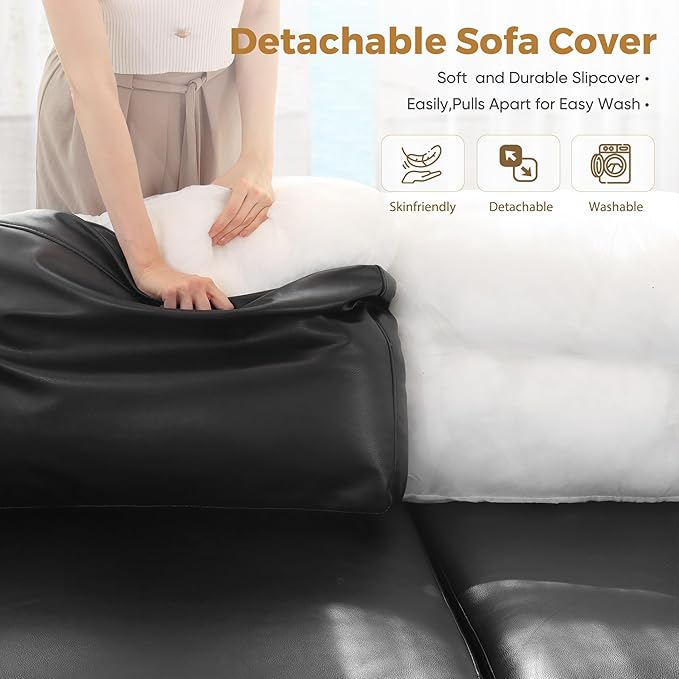 ABCASA 91.5 Faux Leather Modular Sectional Sofa L Shaped Couch Set for Living Room 3-Seater Comfy Cloud Couches with Movable Storage OttomanDIY Combination - Black