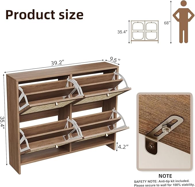 Nicetree Shoe Cabinet Storage for Entryway 4-Flip Drawer Narrow Shoe Rack Organic Modern Rattan Shoe Organizer with Gold Legs Shoe Organizer Fits Men's Size 13.5 Toasted Caramel Walnut