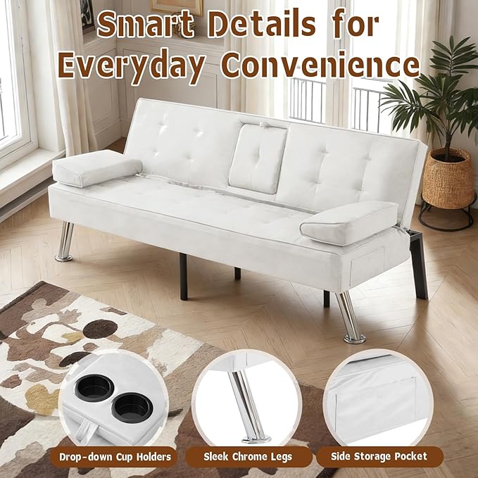Anwick Convertible Folding Futon Sofa BedModern PU Leather Sleeper Love Seat with 3 Reclining Backrest &amp Cup Holders67 Comfy Sofa Couches for Living Room Small Home Office (White)