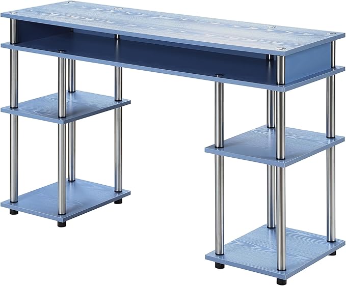 Convenience Concepts Designs2Go No Tools Desk Home Office Desk with Shelves Corner Shelf Vanity Desk Computer Desk Nail Table for Nail Tech - 47.25 L x 15.75 W x 30 H Blue