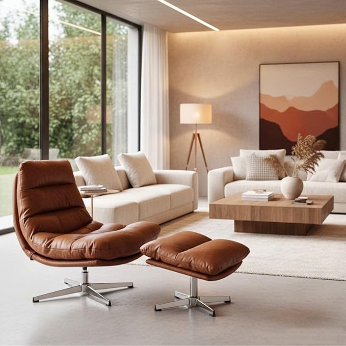 Modern Swivel Accent Chairs with Ottoman Set of 2 PU Leather Oversized Armless Reading Chairs with Footrest 33'' Wide Upholstered Lounge Chairs with Footstool for Living Room Bedroom Comfy Brown