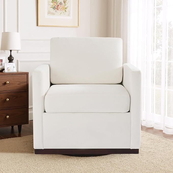 Swivel Accent Chair 360° Swivel Upholstered Club Armchairs for Living Room 31 Wide Square Single Sofa Reading Chair with Deep Seat Metal Swivel Base Chenille Fabric Beige