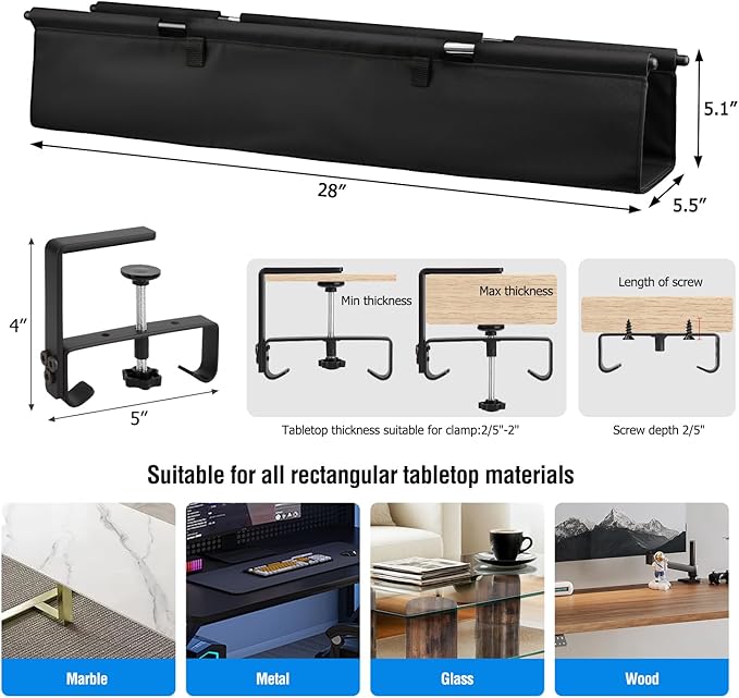 Under Desk Cable Management Tray - Heavy Duty No-Drill Clamp &amp Screw Mount 28-Inch Cord Organizer for Home Office Gaming Setup &amp Study Room Holds Power Strip &amp Large Adapters (Black 28