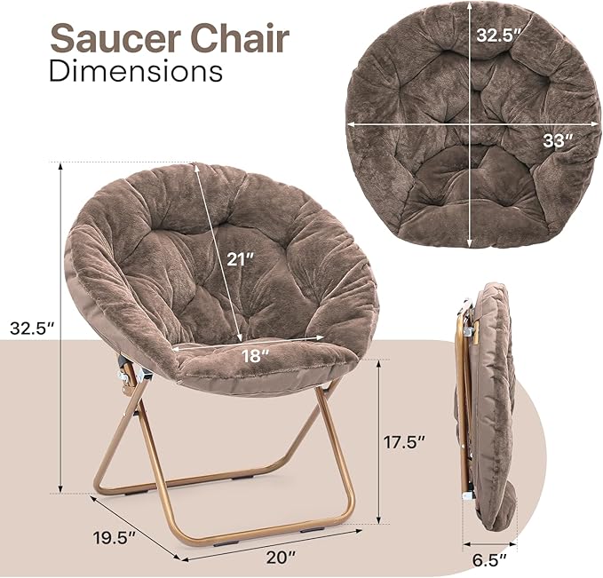 Comfy Saucer Chair Set of 2 Metal Frame Cozy Lounge Lazy Chair Folding Faux Fur Round Saucer Chair for Adults Foldable Papasan Moon Chair for Living Room Dorm Bedroom