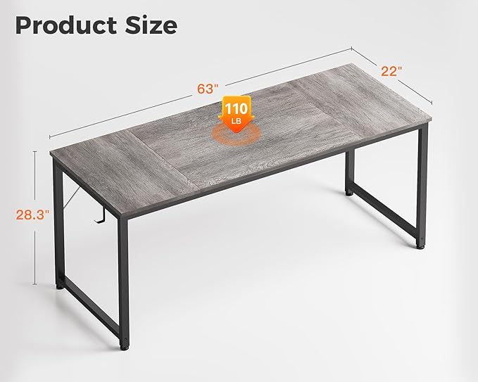 Casaottima 63 Inches Small Computer Desk Work Study Table for Home Office Kids Student Writing Desk with Headphone Hooks Grey