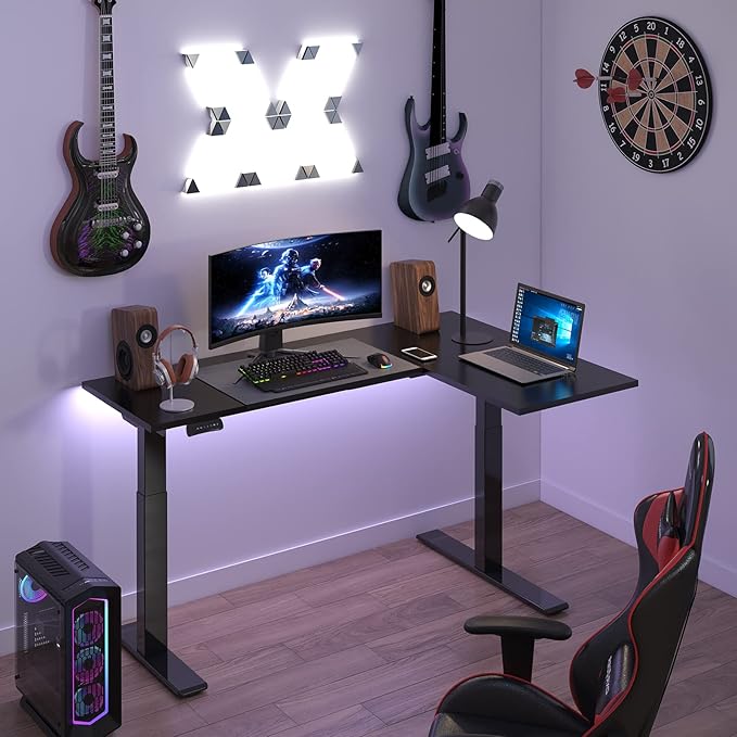 SANODESK 63-Inch Large Dual Motor L-Shaped Electric Height Adjustable Standing Desk - Reversible Panel - Black Top/White Frame - Ideal for Gaming Home Office or Computer Workstation