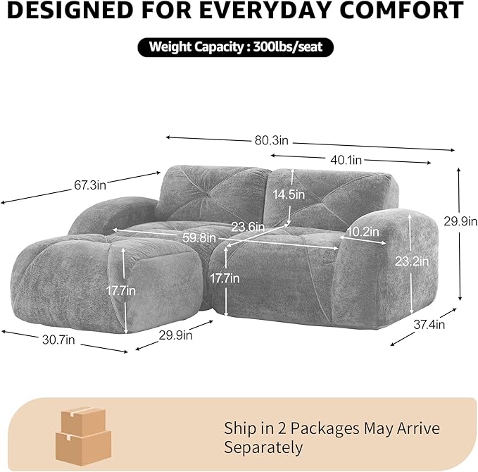 Red Loveseat Sectional Couches for Living Room Velvet Fabric Boneless Couch No Assembly Cloud Modular Sectional Sofa Love Seat with 1 Ottoman Foam Couch Compressed Sofa Set Sofas para Sala