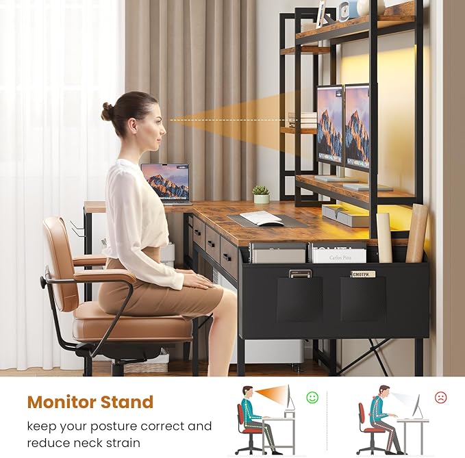 SEDETA 55 L Shaped Desk with Hutch Corner Computer Desk with Drawers &amp Shelves Reversible L Shaped Gaming Desk with Power Strip &amp LED Lights Monitor Stand Headphone Hook Rustic Brown