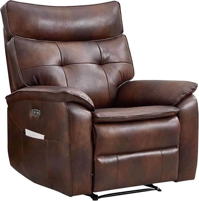 CANMOV Genuine Leather Recliner ChairPower Recliner Chair for AdultsElectric Single Reclining Sofa with Overstuffed Armrest and Backrest for Living RoomBrown