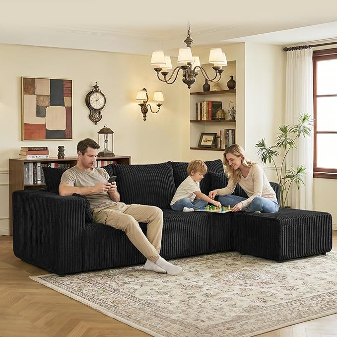 98 Modular Sectional Sofa L-Shaped 3 Seater Boneless Couch with Ottoman Modern Cloud Sectional Couch Deep Seat Sofa for Living Room Bedroom Apartment No Assembly Required Black