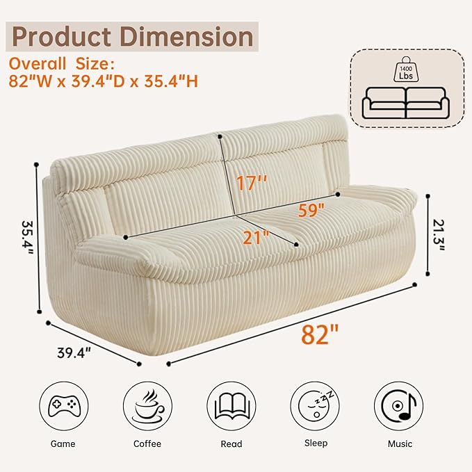 Boneless Loveseat Sofa 82 Corduroy Oversized Cloud Couch 2 Seater with Deep Seat Modern Love Seat Couch with Memory Foam Beige Boneless Couches for Living Room Apartment