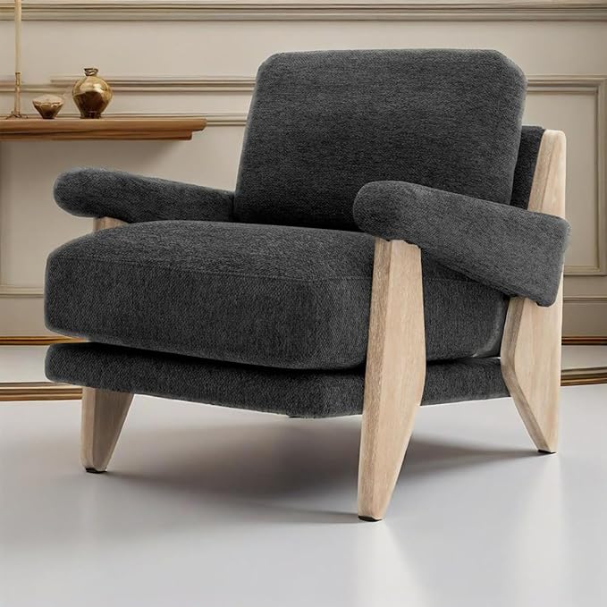 2 Pcs Accent Chair Mid Century Modern Chenille Armchair Solid Wood Frame Lounge Upholstered Armchair Reading Chair Sturdy Base For Living RoomBedroomOfficeComfy Guest Waiting Room ChairsGrey