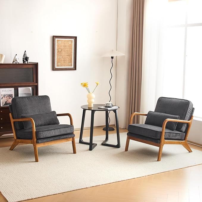 Karl home Mid-Century Modern Accent Chair Living Room Chairs with Pillow Corduroy Upholstered Lounge Armchair with Solid Wood Frame &amp Soft Cushion for Bedroom Reading Room Dark Gray