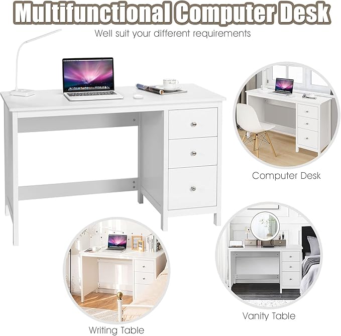 Computer Desk 48 Inch Home Office Desks with Drawers Modern Makeup Vanity Table Teens Writing Gaming Desk White Desk with Drawers for Bedroom Study Office (White)