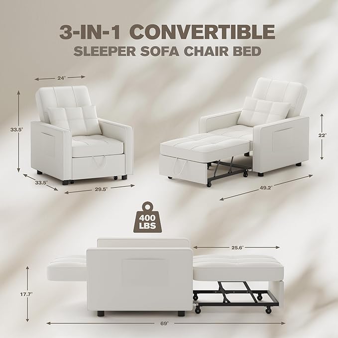 JUMMICO Sleeper Chair 3-in-1 Convertible Sleeper Sofa Bed for Adults Linen Fabric Pull Out Chair Bed with Adjustable Backrest Couches for Living Room Apartment Office Small Space (Beige)