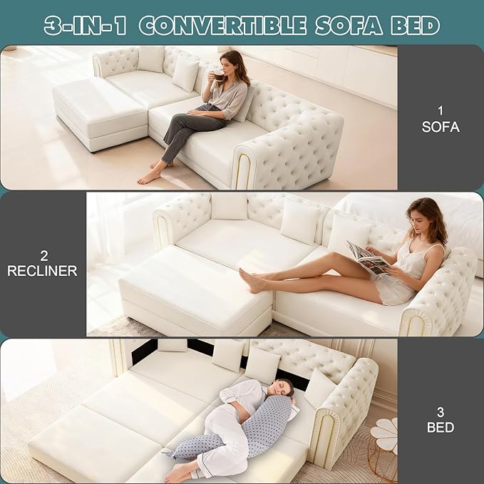 Polibi 90.6 3-in-1 Convertible Sleeper Sofa Bed Velvet Tufted Modern 3-Seater Couch with Movable Ottoman &amp Gold Trim King Size Sleeper for Living Room Apartment Beige+White