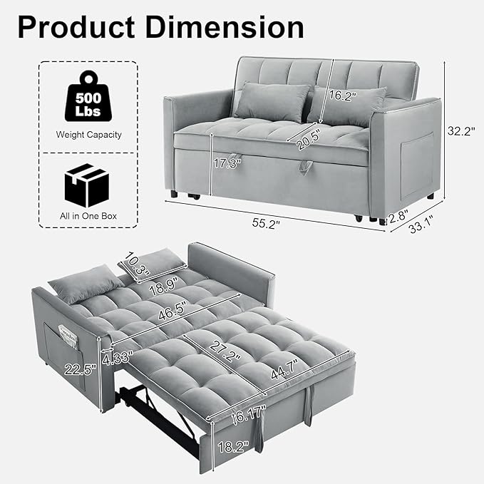 3 in 1 Convertible Sofa Bed Pull Out Couch with Adjustable Backrest Velvet Sleeper Sofa Loveseat with Pillows and Side Pockets for Living Room Bedroom Apartment Light Grey