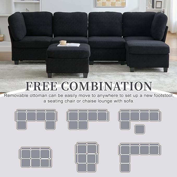 113 Modular Sectional Sofa Couch with Storage U Shaped 4 Seat Couches with Movable Ottoman Freely Combinable Deep Seat Sofa Upholstered Sectional Couches for Living Room Black