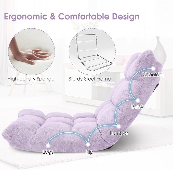 Giantex Floor Chair with Back Support 14 Adjustable Position Padded Sleeper Bed Couch Recliner Folding Gaming Floor Chairs for Adults Living Room Bedroom Yoga Meditation Light Purple