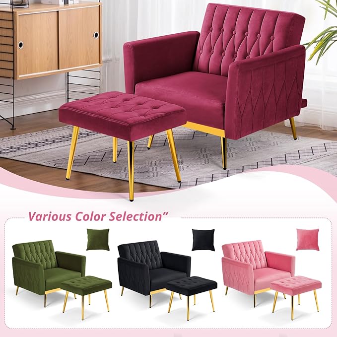 Velvet Accent Chair with Adjustable Armrests and Backrest Button Tufted Lounge Chair Single Recliner Armchair with Ottoman and Pillow for Living Room Bedroom Fuchsia