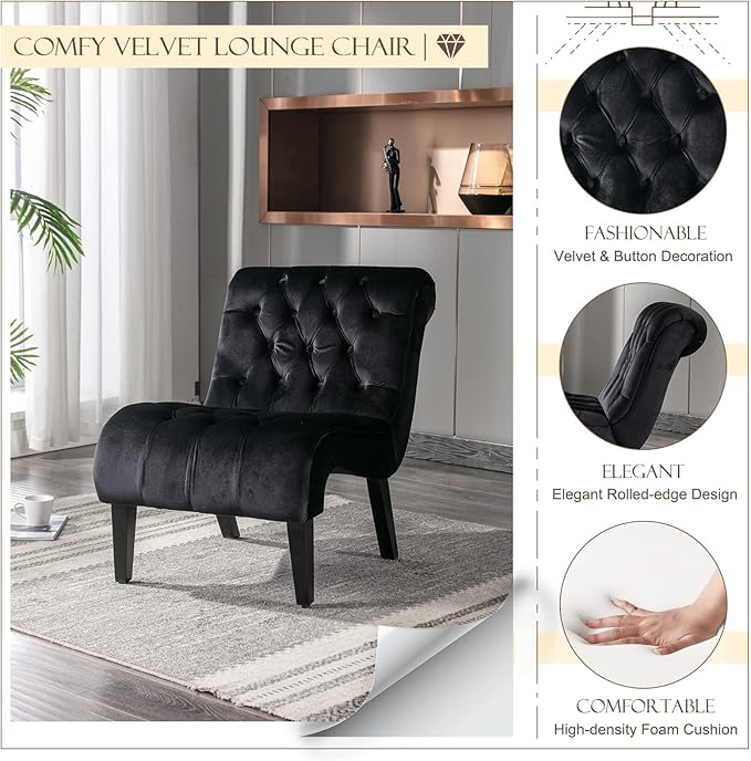 KINFFICT Velvet Accent Lounge Chair for Living Room Modern Leisure Chair with Tufted Backrest Indoor Armless Side Chair Upholstered Bedroom Sleeper Chairs with Solid Wood Legs