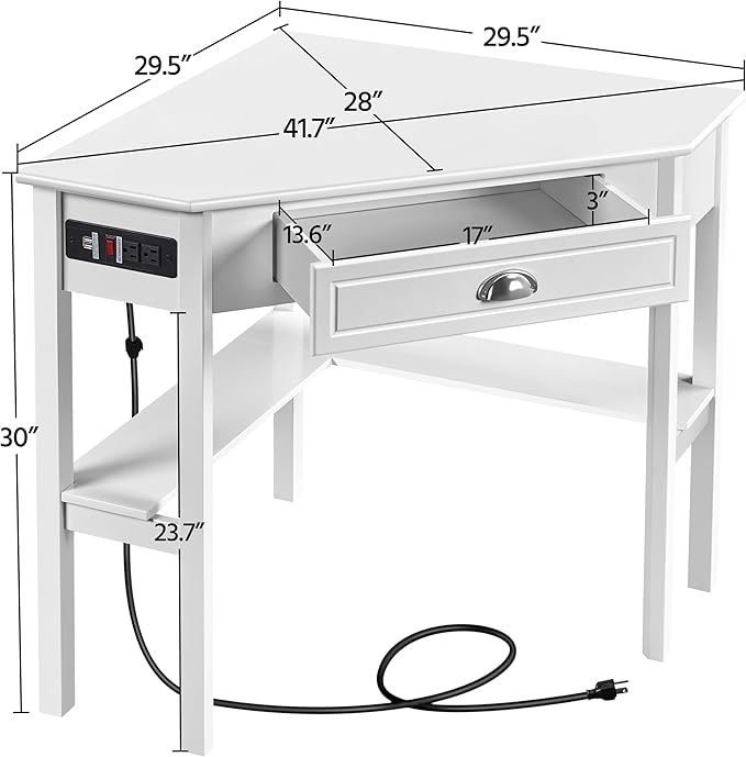 Yaheetech L Shaped Corner Computer Desk with Power Outlets Reversible Triangle Workstation with USB Ports and Hook for Small Space Modern Home Office Desk Gaming Table with Drawer &amp Shelf White