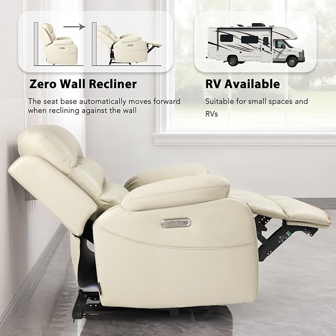 EONIX Real Zero Clearance Wall Hugger Recliners Power RV Recliner Chairs for Small Spaces Dual Motor Home Theater Recliners with Massage and Heat SXXY003992 Cream White