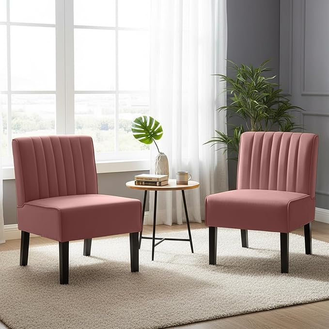 Reese Mid Century Modern Accent Chairs Set of 2 with Minimalist Design Elegant Velvet Upholstery and Solid Wood Legs Ideal for Living Room or Bedroom Rose