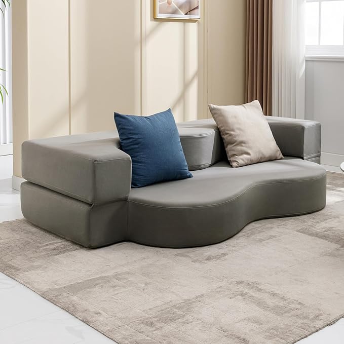 Mjkone Full Size Folding Sofa Bed Fold Out Futon Sofa Bed Foldable Floor Couch Bed with Memory Foam Convertible Sleeper Couch Beds Stylish Lazy Sofa Beds for Living Room Guest Room Light Gray