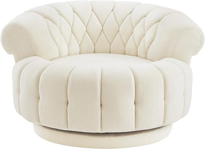 360° Swivel Accent Chair Chenille Fabric Barrel Swivel Chair Round Club Chair with Curved Armrests &amp Thick Cushioning Stylish Channel-Tufted &amp Diamond-Quilted Backrest for Living Room (Beige