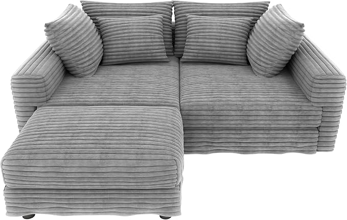 Ball &amp Cast 102.4 Plush Corduroy 4 Seater Sofa with Movable OttomanDeep Seat L Shaped Cloud Couches with Soft PillowsComfy Convertible Sectional Couch Lounge Chair for Living RoomOfficeGrey