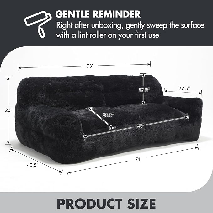 Black Compressed Couch 70 2-Seater Fluffy Faux Fur Boneless Loveseat Sofa with Memory Foam for Living Rooms Bedrooms Apartments No Assembly Required | Plush faux fur Memory foam comfort Zero as