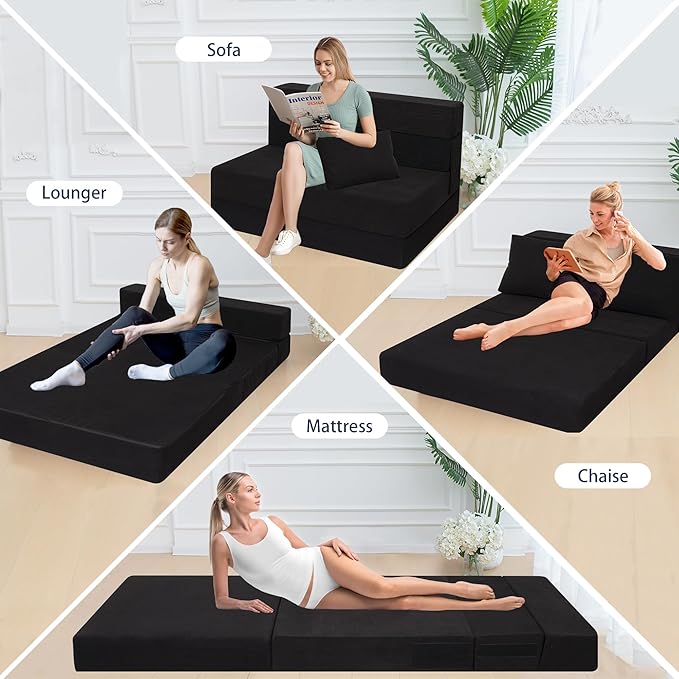 Sofa Bed Foldable Mattress Folding Sleeper Sofa Chair Bed Floor Mattress with Pillow for Living Room Home Office (Black-Corduroy Twin)