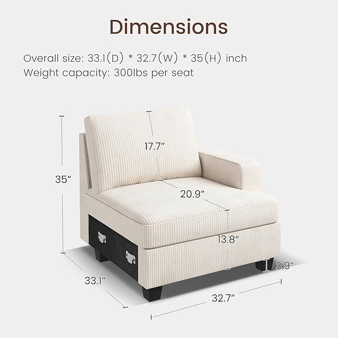Nolany Right Armrest for Modular Sectional Couch Customizable Right Armrest for Sectional Sofa Beige