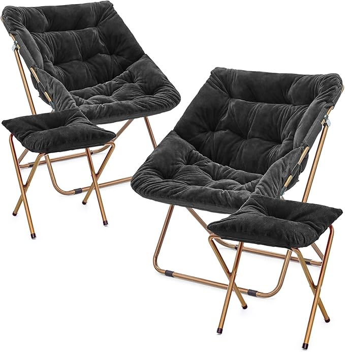 MoNiBloom Square Folding Faux Fur Saucer Chair for Bedroom Living Room Dorm Foldable Metal Frame Oversized Large Comfy Furry Padded Soft Cozy Moon Chair with Footrest Ottoman for Adults (Black 2 Set)