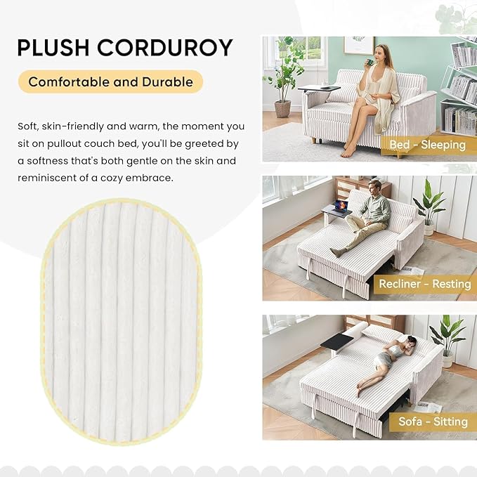 54'' Corduroy 3-in-1 Convertible Sofa Bed Pull Out Sleeper Loveseat Couch with USB Ports &amp Storage Pockets Futon Couches for Small Space Living Room Apartment (Yellow New)
