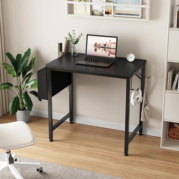 Lufeiya Small Desk for Small Spaces 24 Inch Kids Girls Study Writing Mini Desks for Bedroom Simple Modern Laptop PC Little Side Table with Storage Bag Headphone Hooks Black