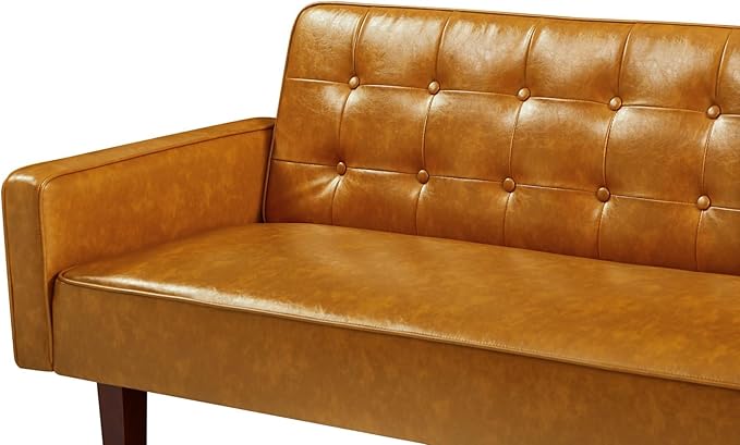 Futon Sofa Bed Convertible Sleeper Sofa Loveseat Couch PU Leather Sofabed with Wooden Legs for Small Spaces Room Home Office Hotel with Adjustable Backrest Reclining (Brown)
